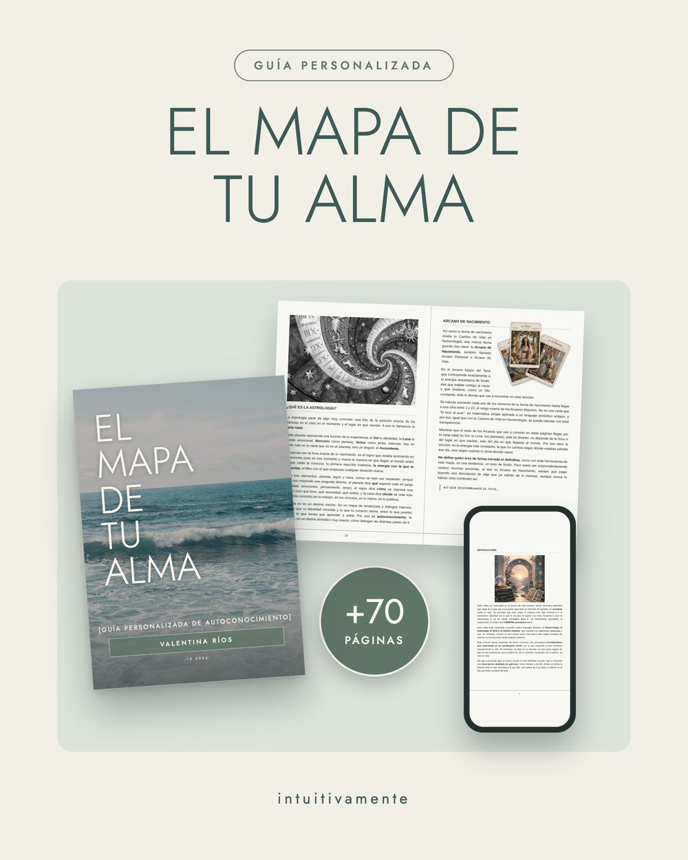 El Mapa de tu Alma, guía personalizada de más de 70 páginas, con páginas de astrología y Arcano de Nacimiento