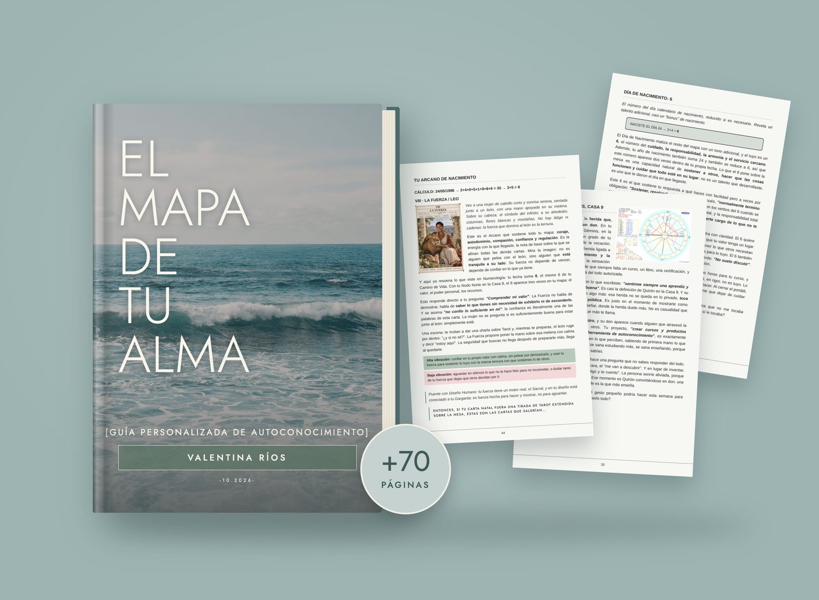 El Mapa de tu Alma con páginas interiores de Arcano de Nacimiento, Quirón y Día de Nacimiento