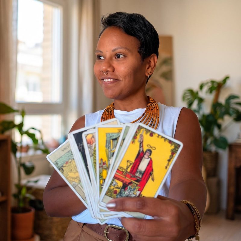 Nina sonriendo con varias cartas de tarot abiertas en abanico