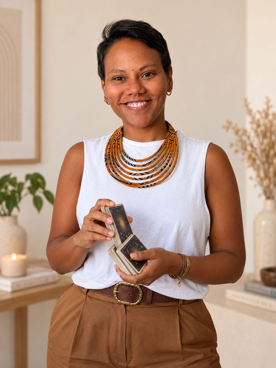 Nina, creadora de Intuitivament3, sonriendo con una baraja de tarot en las manos