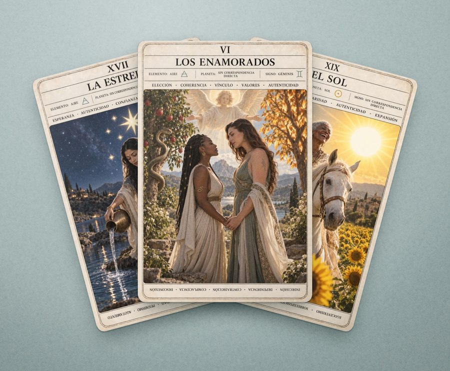 Tres cartas de la baraja de Nina: La Estrella, Los Enamorados y El Sol, con sus correspondencias