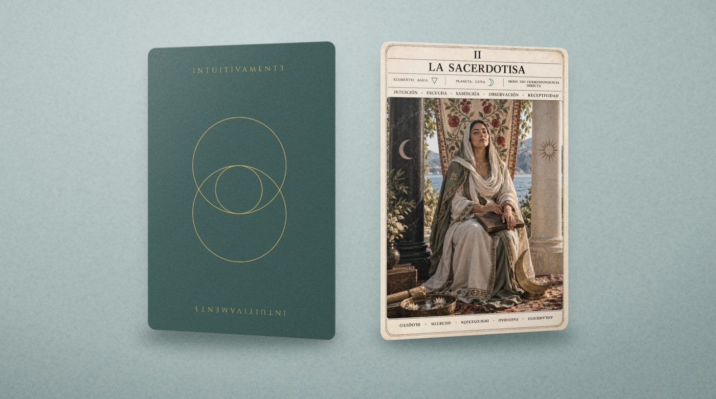 Reverso verde con el sello de Intuitivament3 y la carta de La Sacerdotisa