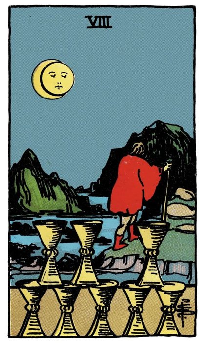 Ocho de Copas del Tarot de Pamela Colman Smith: una figura con bastón se aleja de ocho copas apiladas hacia las montañas, bajo la luna