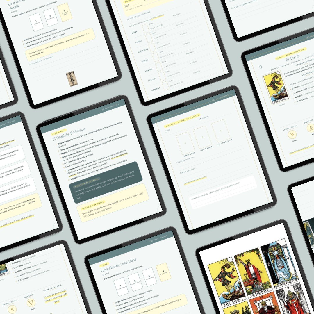 Páginas interiores del pack: fichas de cartas, tiradas, preguntas y bitácora